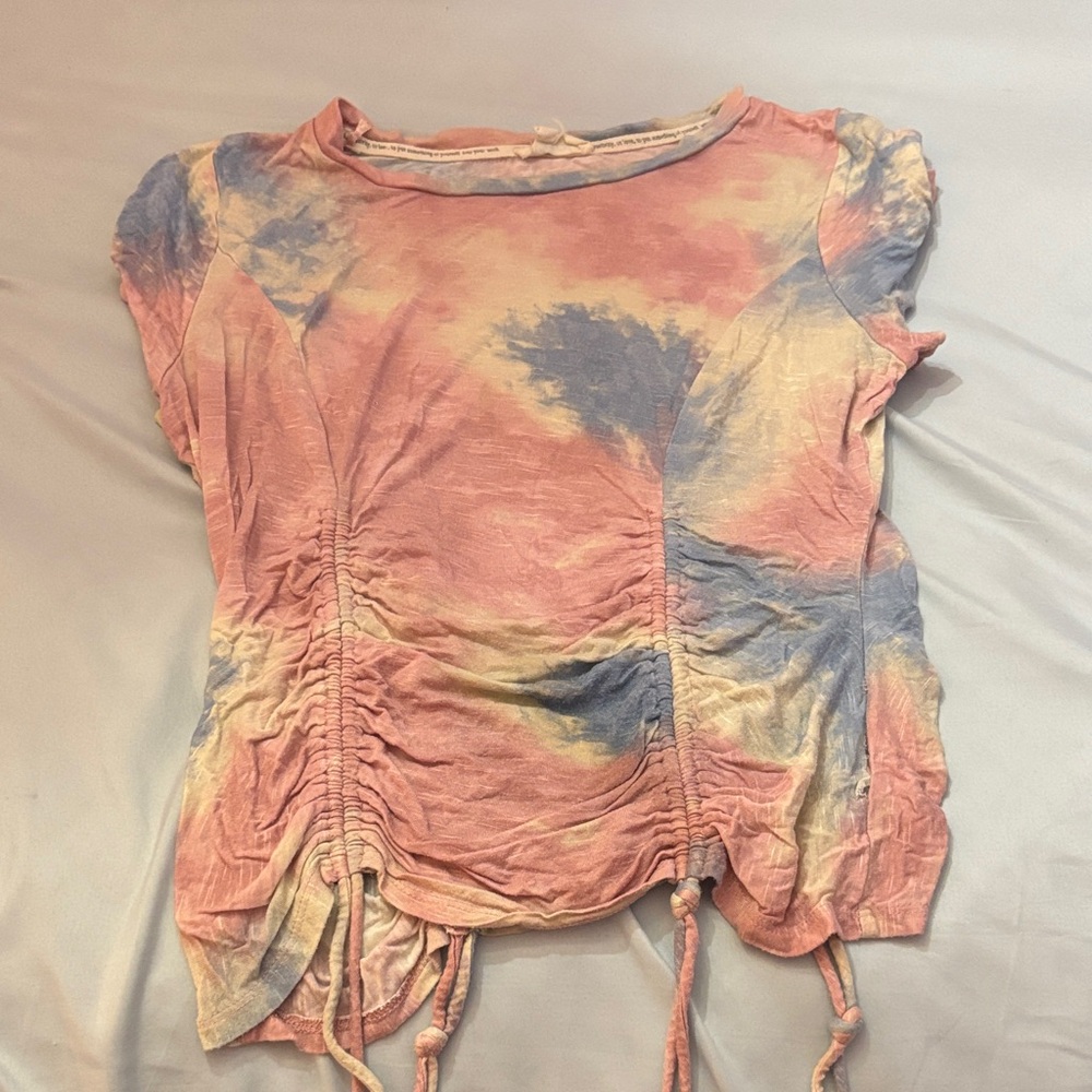 Meraki Tie-Dye Ruched Short Sleeve Top - Pink, Blue, Yellow